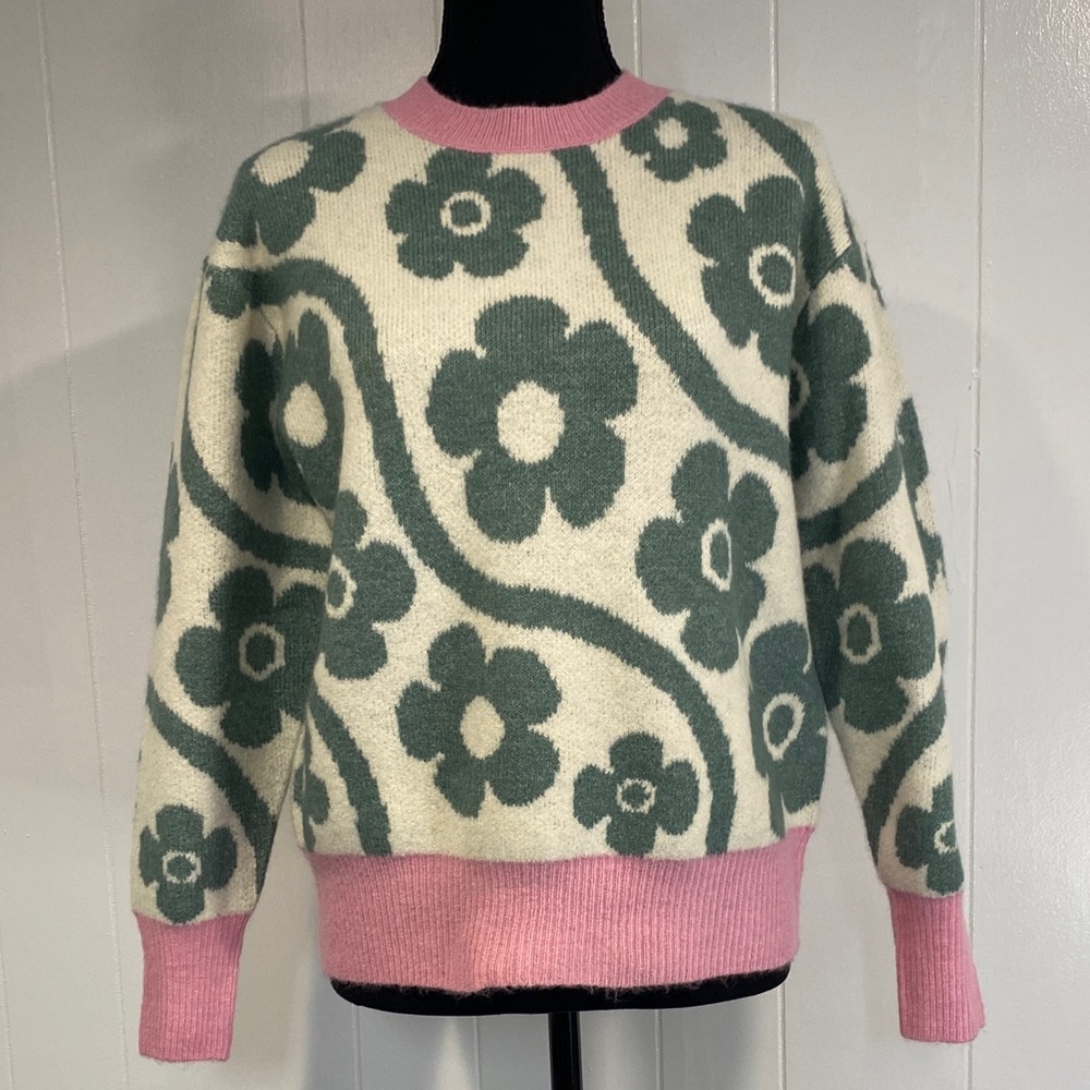 Sweater Crew Neck Long Sleeve British UK London Pink Cream and Green Size Large